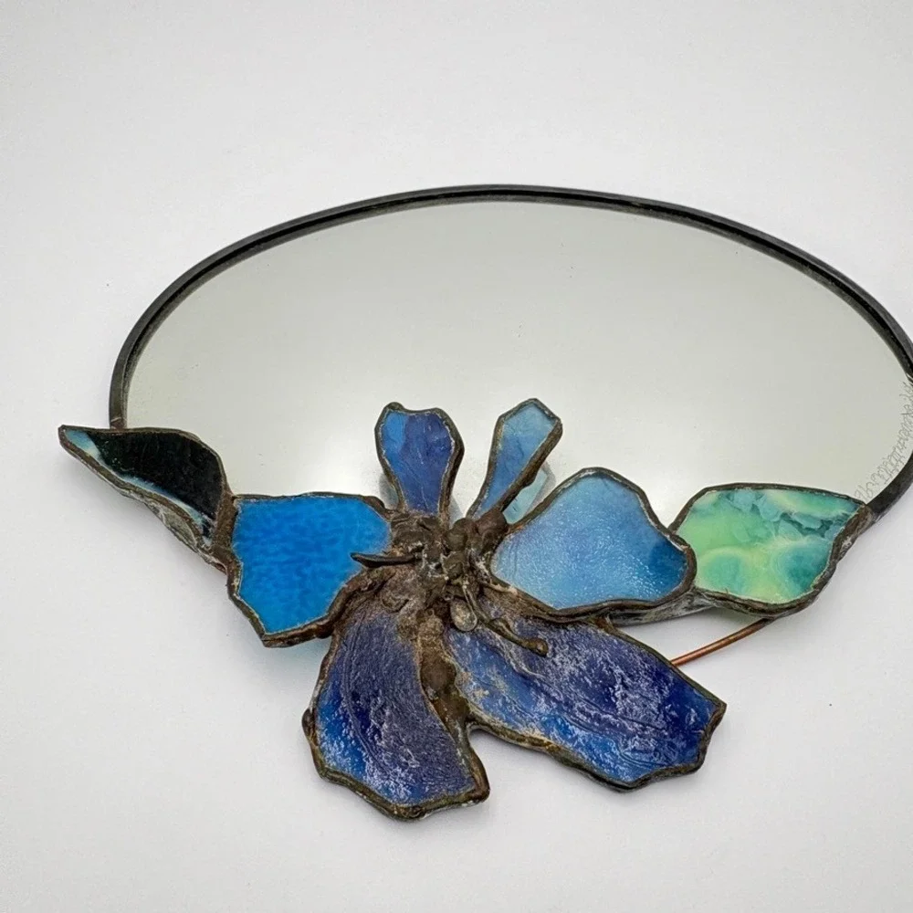 Vintage Handmade Stained Glass Mirror Blue Floral Signed Wall Decor 8x7 1996